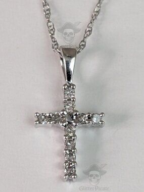 SOLD SOLD SOLD Petite 10K White Gold Natural Diamond Cross Necklace – 18" Chain​